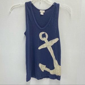J Crew XXS Blue Tank Top w/ Beige Anchor Front 100% Cotton Beachy Casual Resort